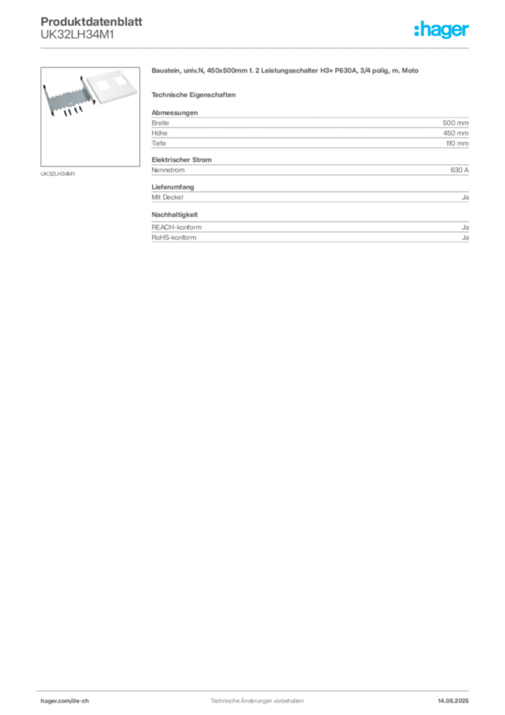 Bild Hager Produktdatenblatt UK32LH34M1 | Hager Schweiz