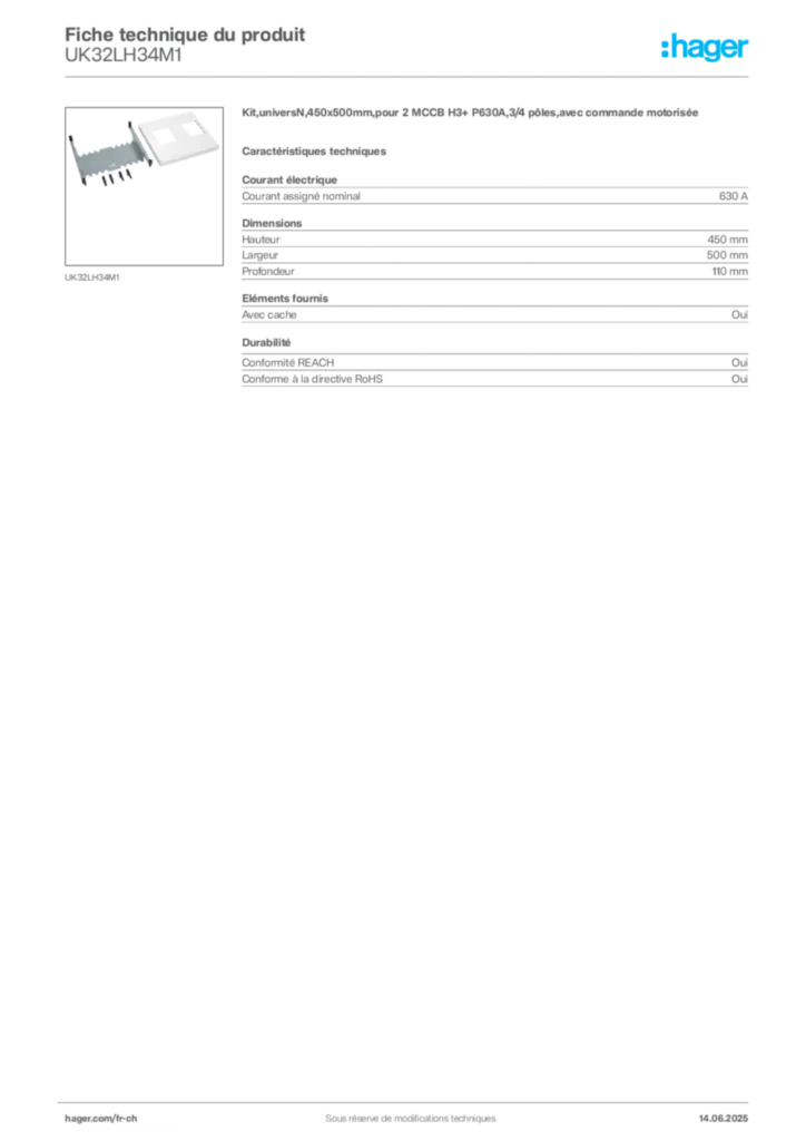 Image Hager Fiche technique du produit UK32LH34M1 | Hager Suisse