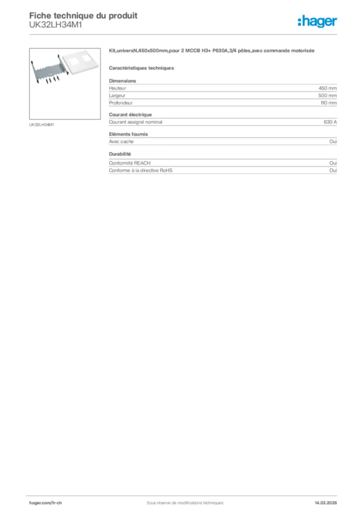 Image Hager Fiche technique du produit UK32LH34M1 | Hager Suisse