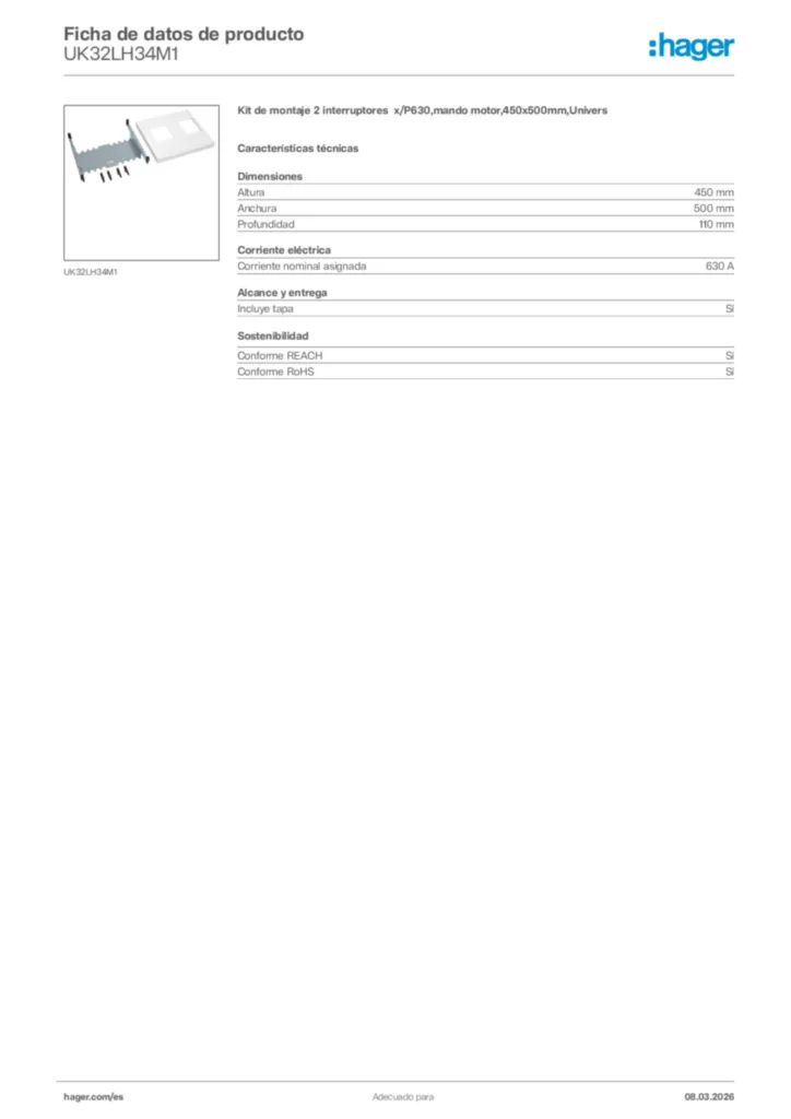 Imagen Hager Ficha de datos de producto UK32LH34M1 | Hager España