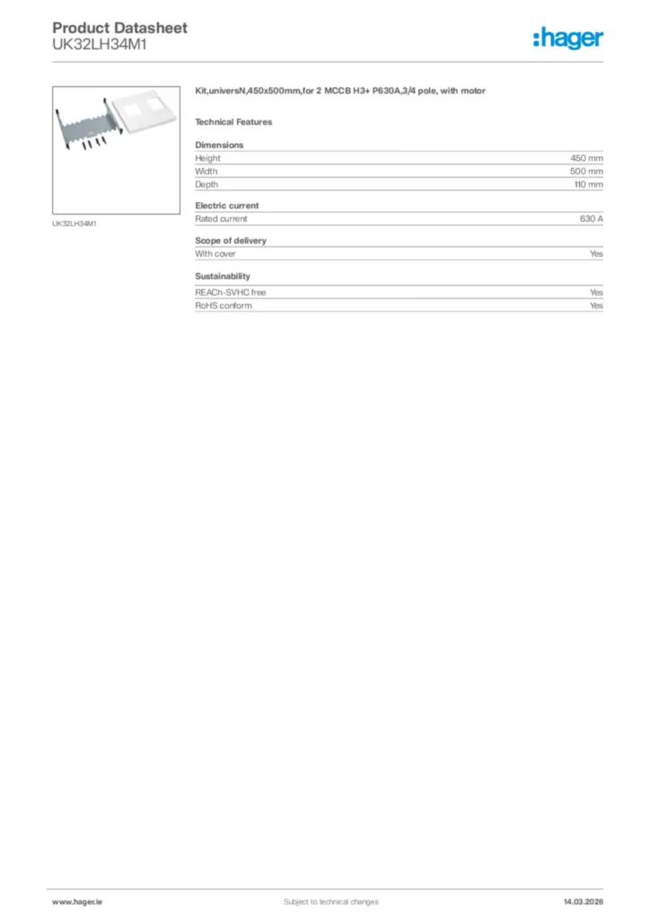 Image Hager Product data sheet UK32LH34M1  | Hager