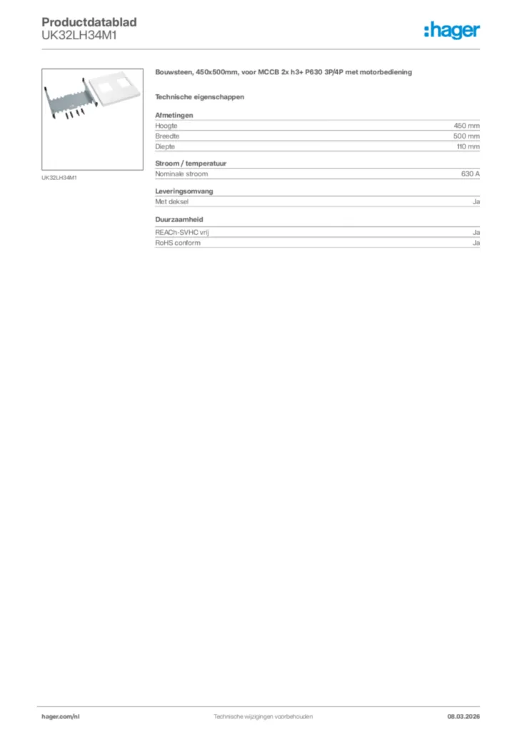 Afbeelding Hager Productdatablad UK32LH34M1 | Hager Nederland