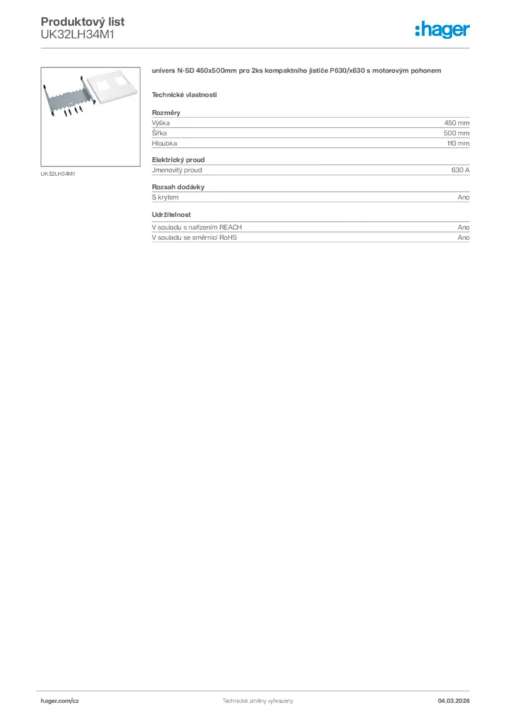 Obrázek Hager Product data sheet UK32LH34M1 | Hager