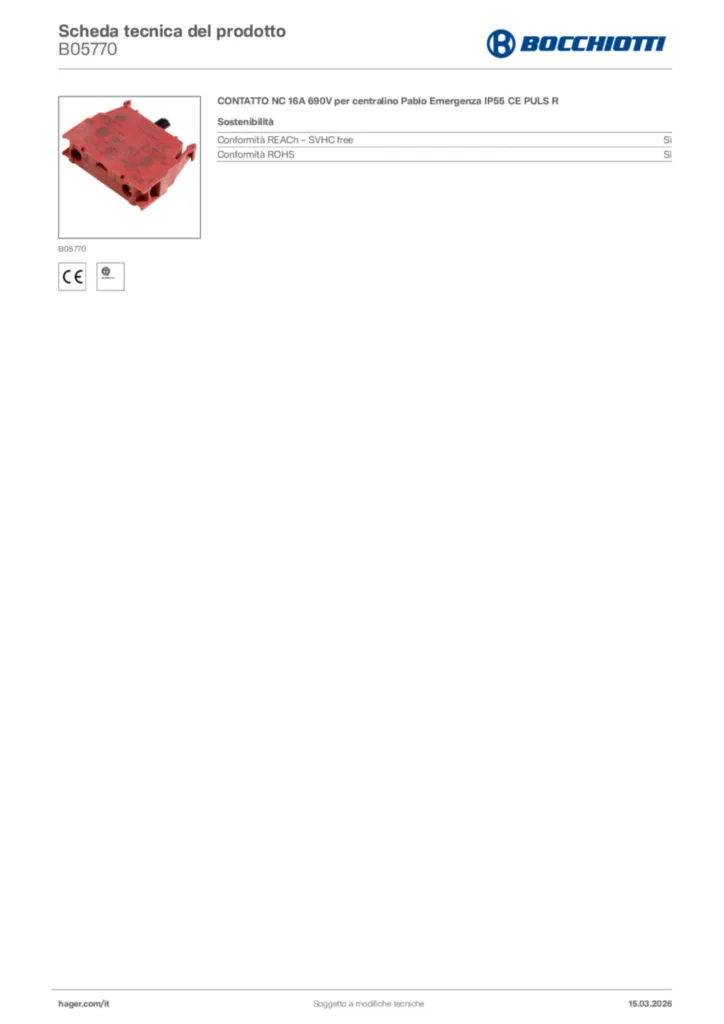 Immagine Bocchiotti Scheda tecnica del prodotto B05770 | Hager Italia