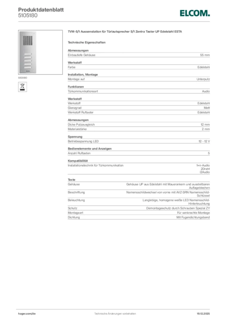 Bild Elcom Produktdatenblatt 5105180 | Hager Deutschland
