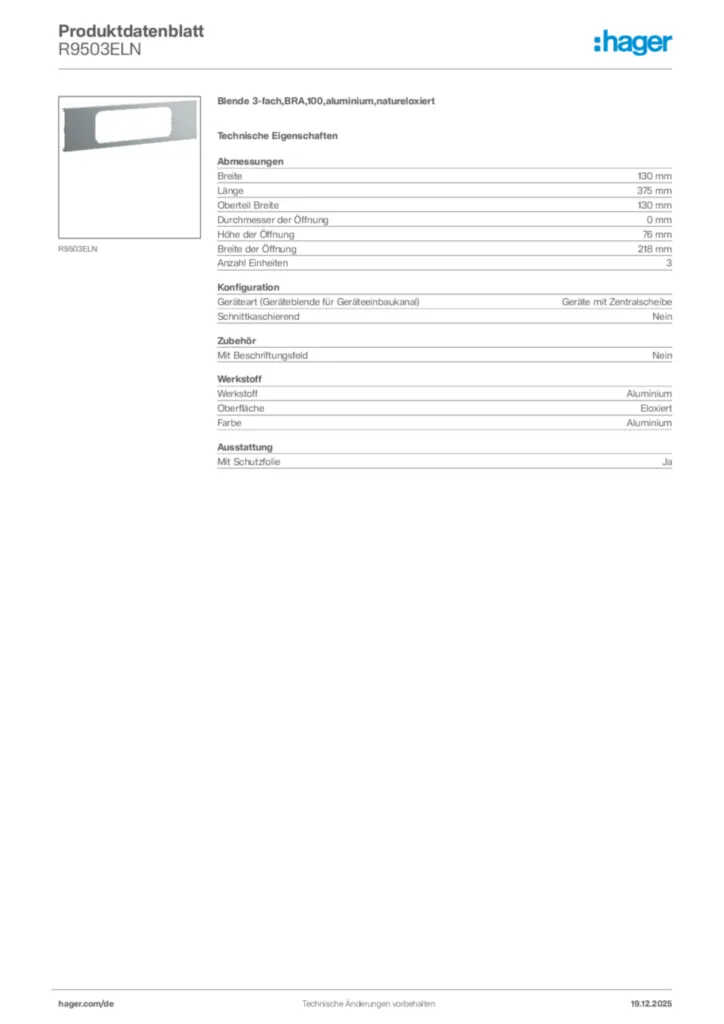 Bild Hager Produktdatenblatt R9503ELN | Hager Deutschland