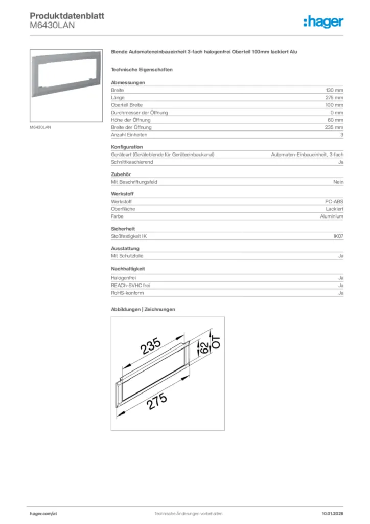 Bild Hager Produktdatenblatt M6430LAN | Hager Deutschland