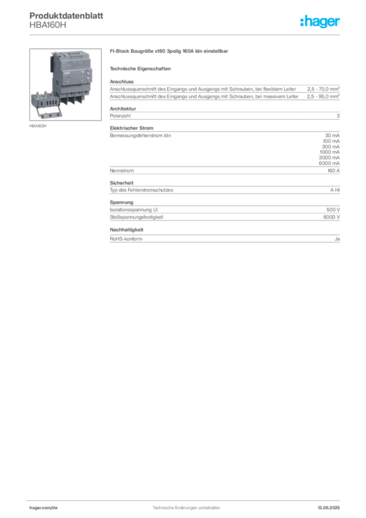 Hager Produktdatenblatt HBA160H