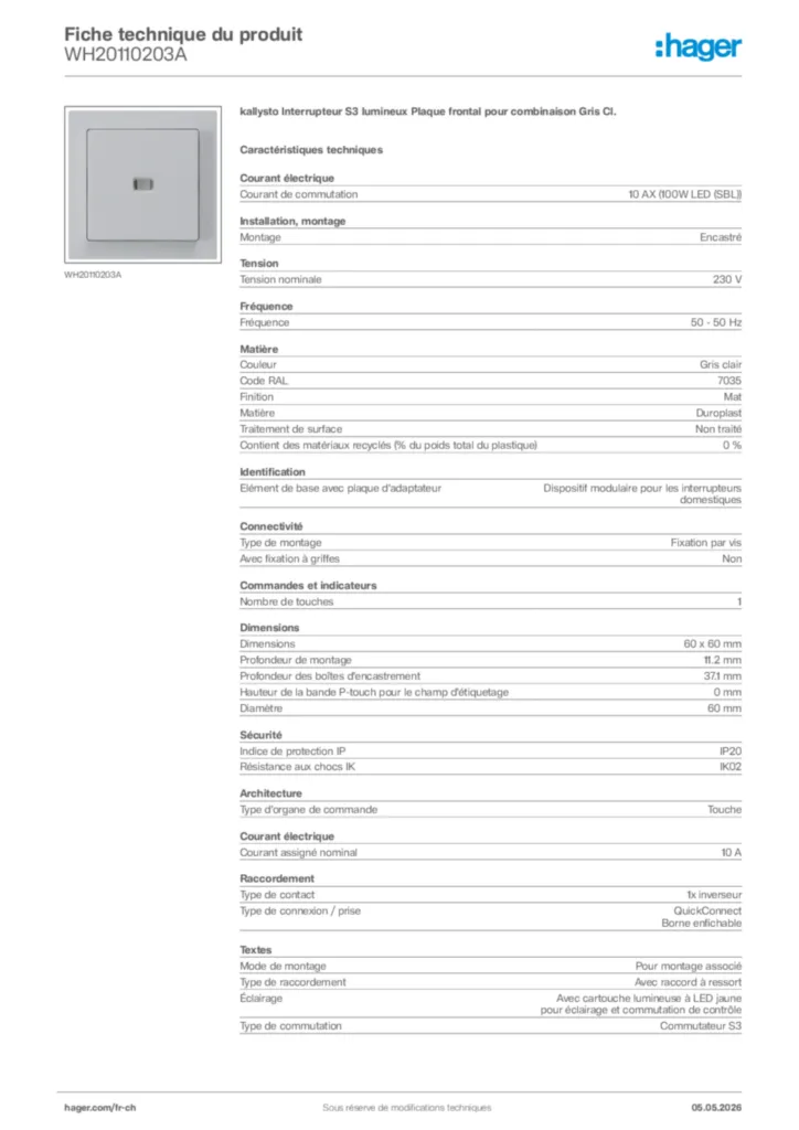 Image Hager Fiche technique du produit WH20110203A | Hager Suisse