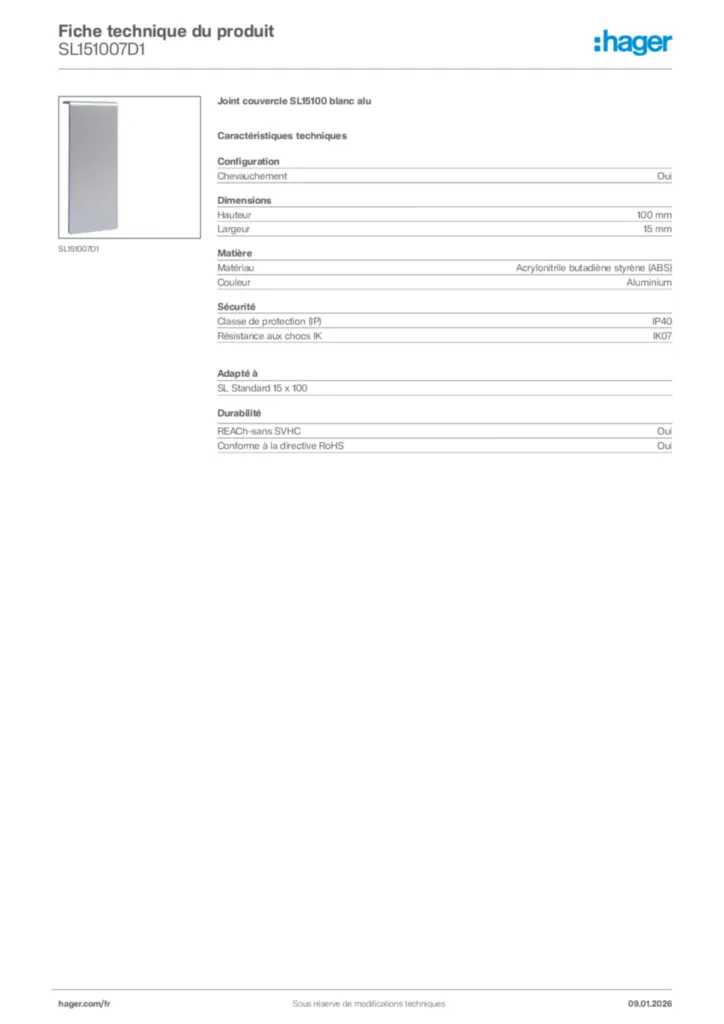 Image Hager Fiche technique du produit SL151007D1 | Hager France