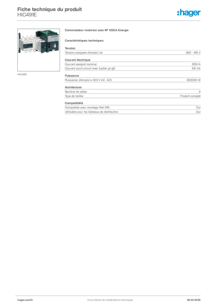 Image Hager Fiche technique du produit HIC491E | Hager France