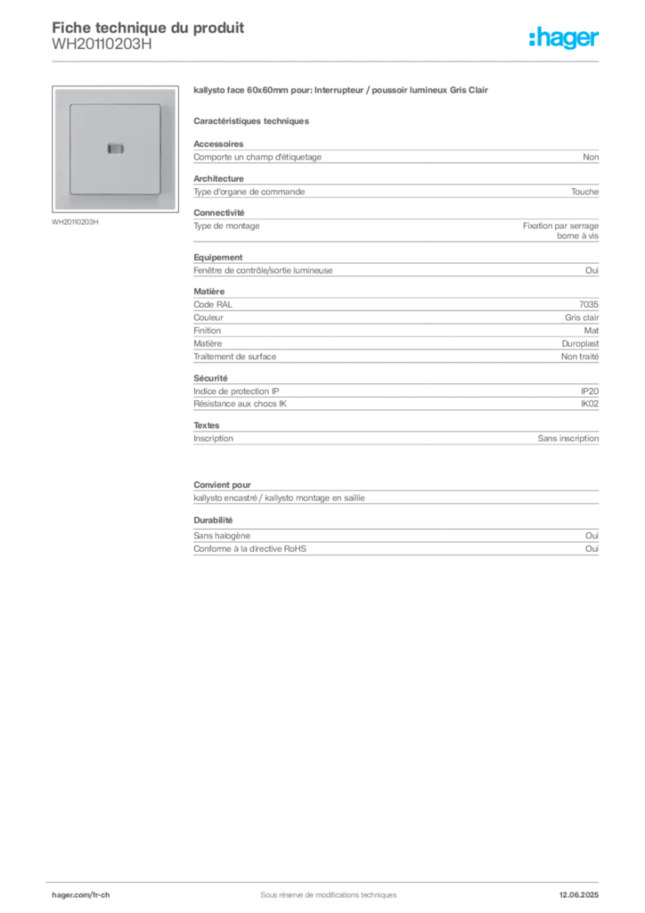 Image Hager Fiche technique du produit WH20110203H | Hager Suisse