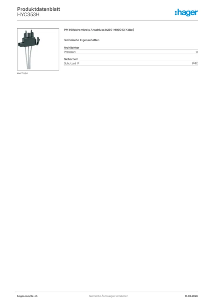 Bild Hager Produktdatenblatt HYC353H | Hager Schweiz