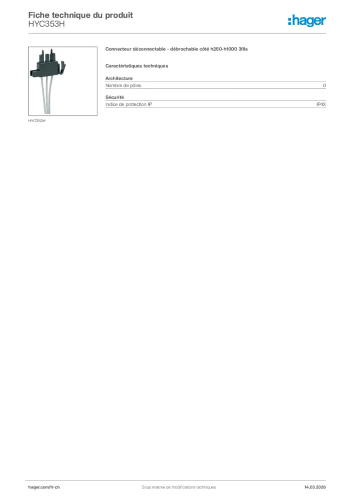 Image Hager Fiche technique du produit HYC353H | Hager Suisse