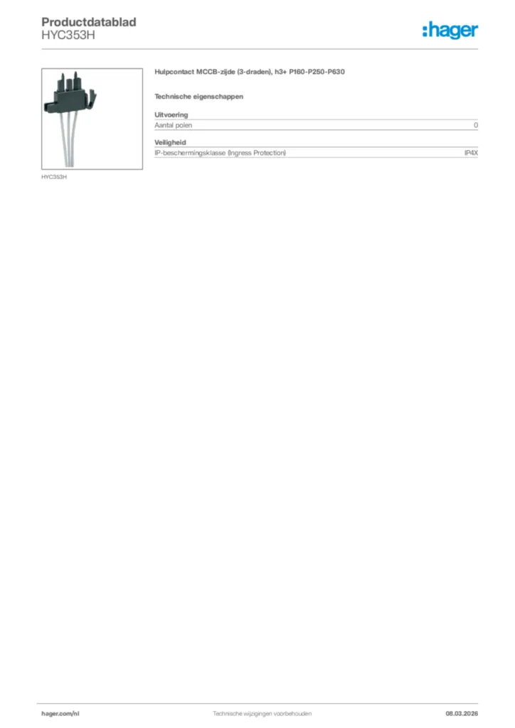 Afbeelding Hager Productdatablad HYC353H | Hager Nederland