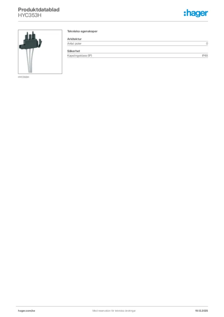 Bild Hager Produktdatablad HYC353H | Hager Sverige