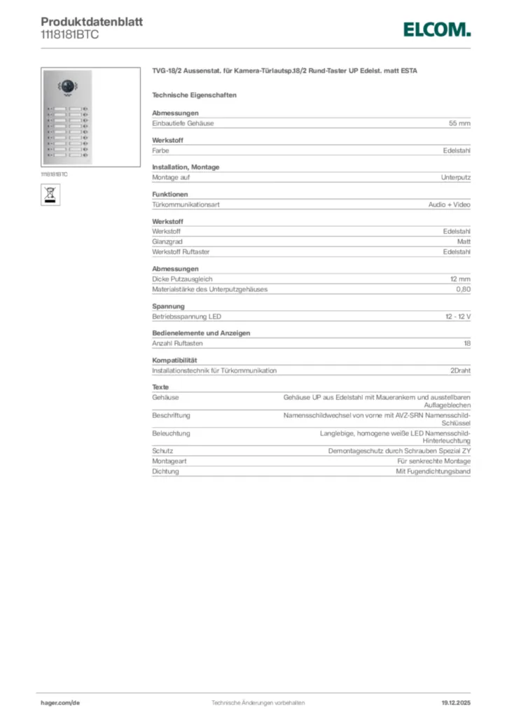 Bild Elcom Produktdatenblatt 1118181BTC | Hager Deutschland