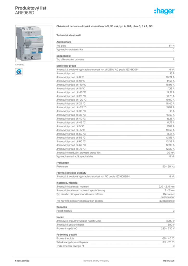 Obrázek Hager Produktový list ARF966D | Hager