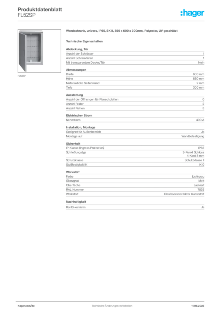 Bild Hager Produktdatenblatt FL52SP | Hager Deutschland