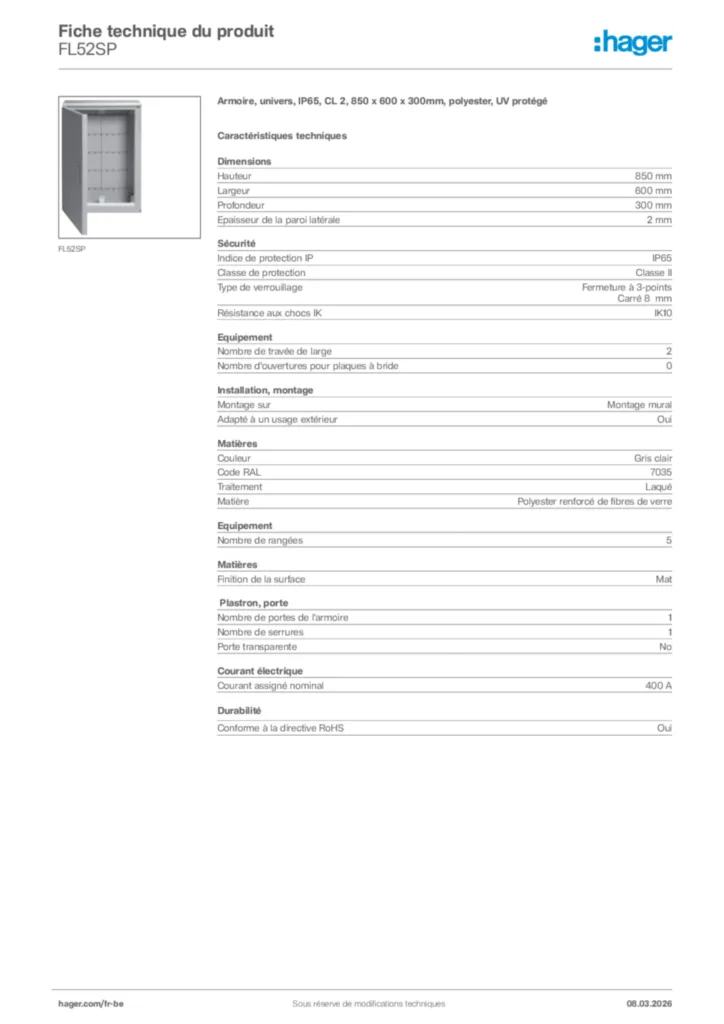 Image Hager Fiche technique du produit FL52SP | Hager Belgique