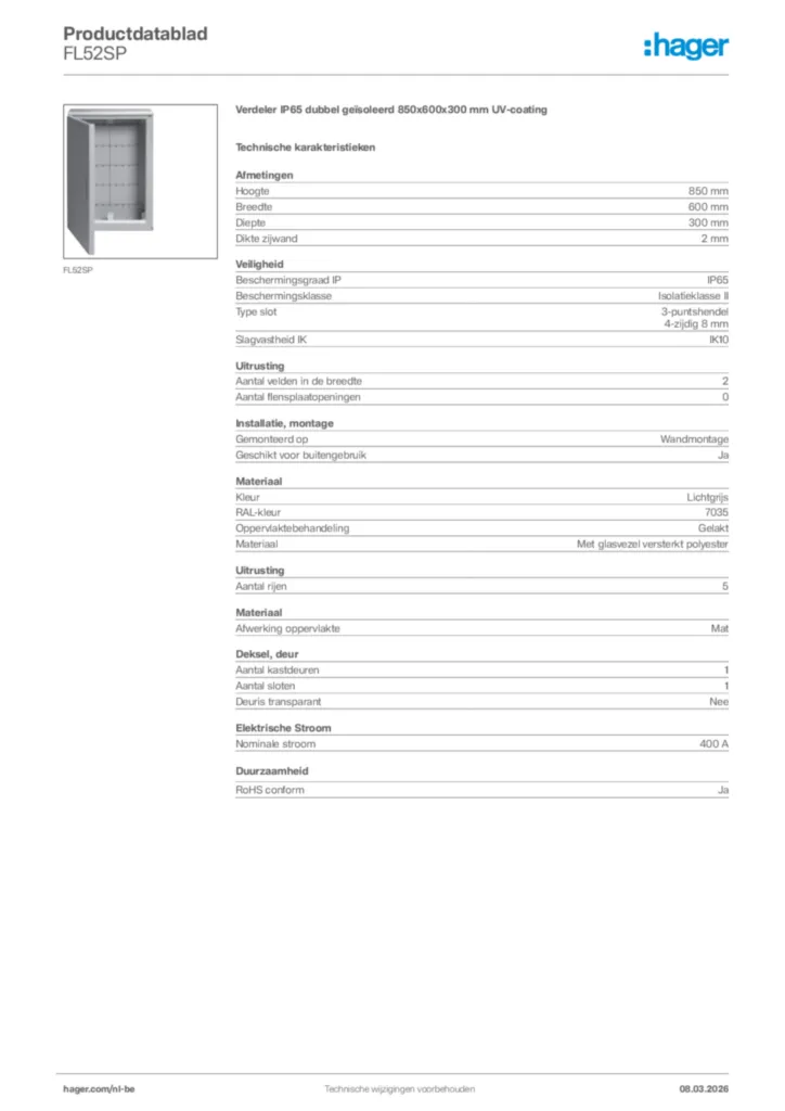 Afbeelding Hager Productdatablad FL52SP | Hager Belgium