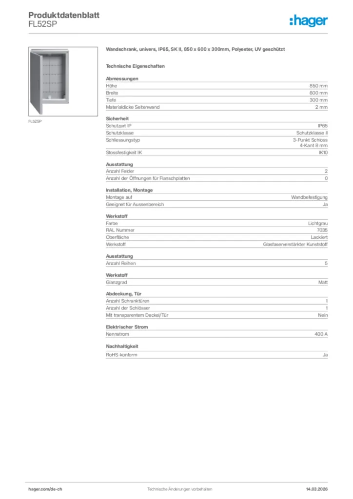 Bild Hager Produktdatenblatt FL52SP | Hager Schweiz