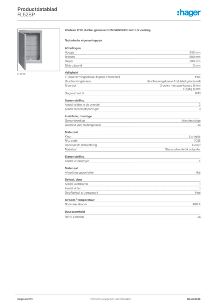 Afbeelding Hager Productdatablad FL52SP | Hager Nederland