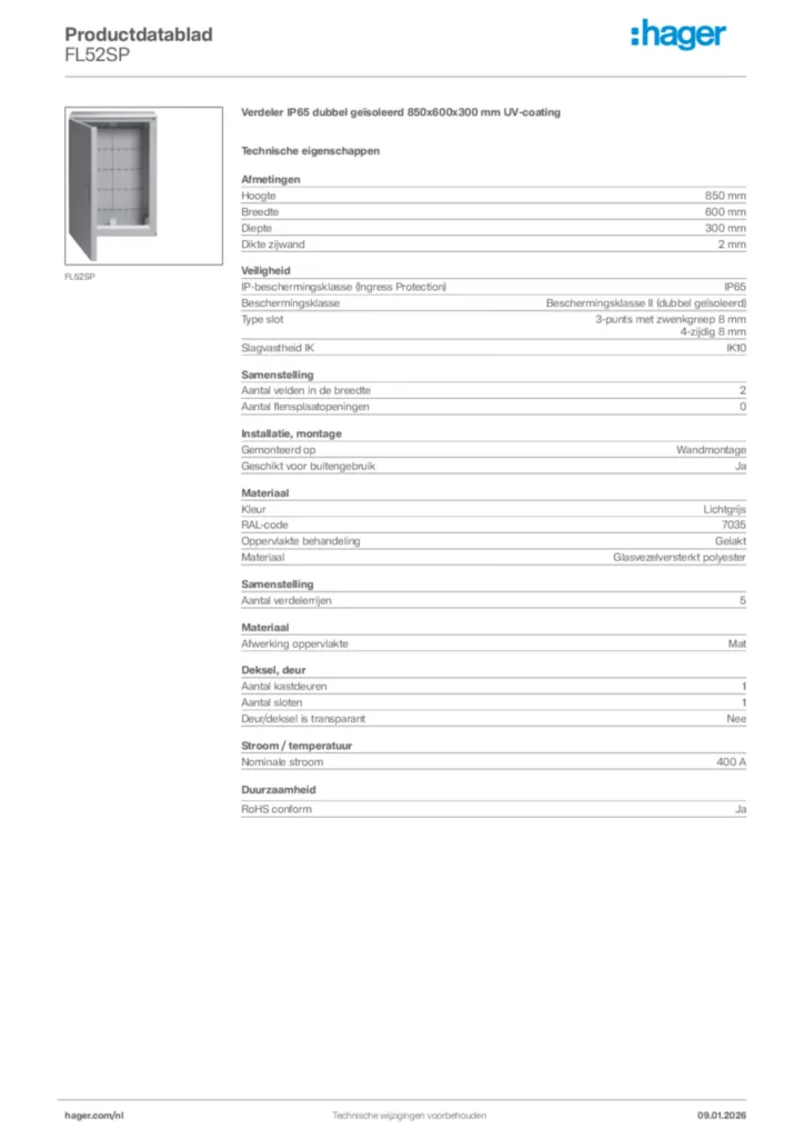 Afbeelding Hager Productdatablad FL52SP | Hager Nederland