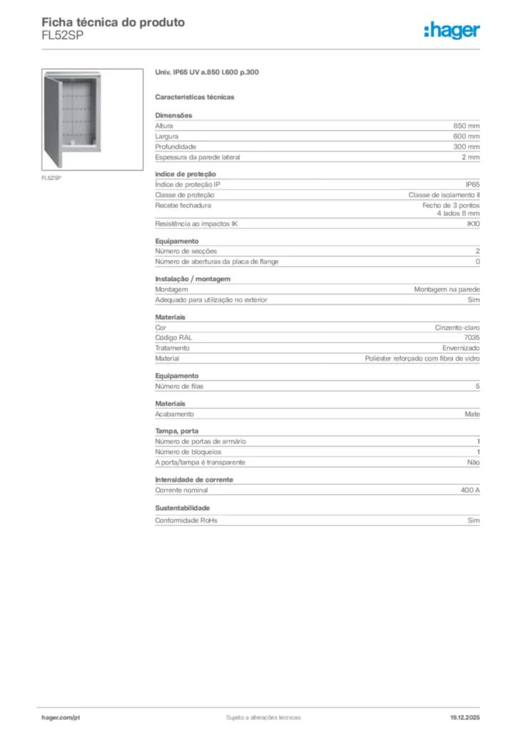 Imagem Hager Ficha técnica do produto FL52SP | Hager Portugal