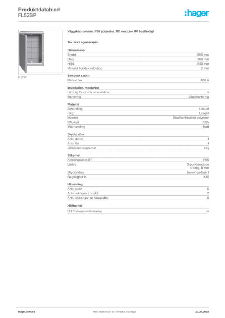Bild Hager Produktdatablad FL52SP | Hager Sverige