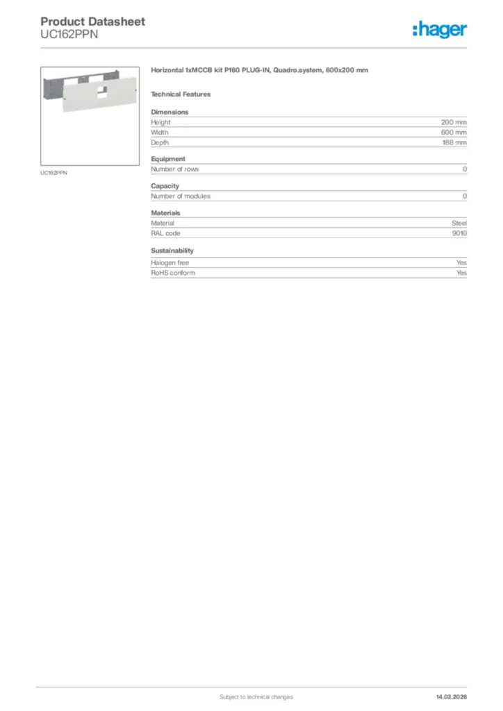 Image Hager Product data sheet UC162PPN  | Hager Africa