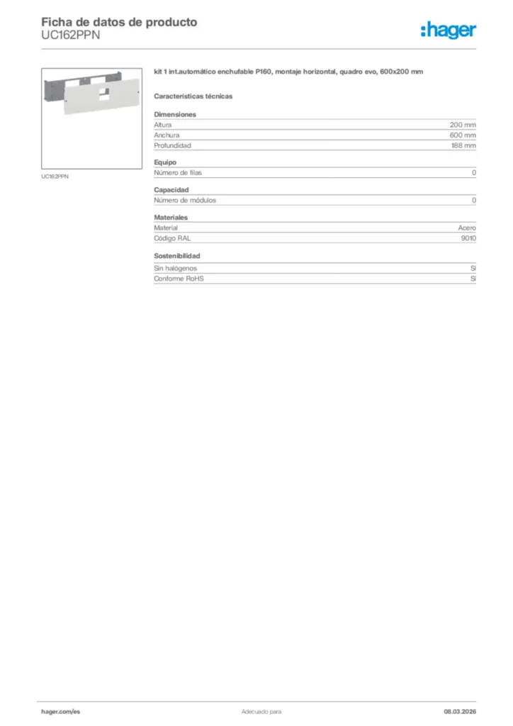 Imagen Hager Ficha de datos de producto UC162PPN | Hager España