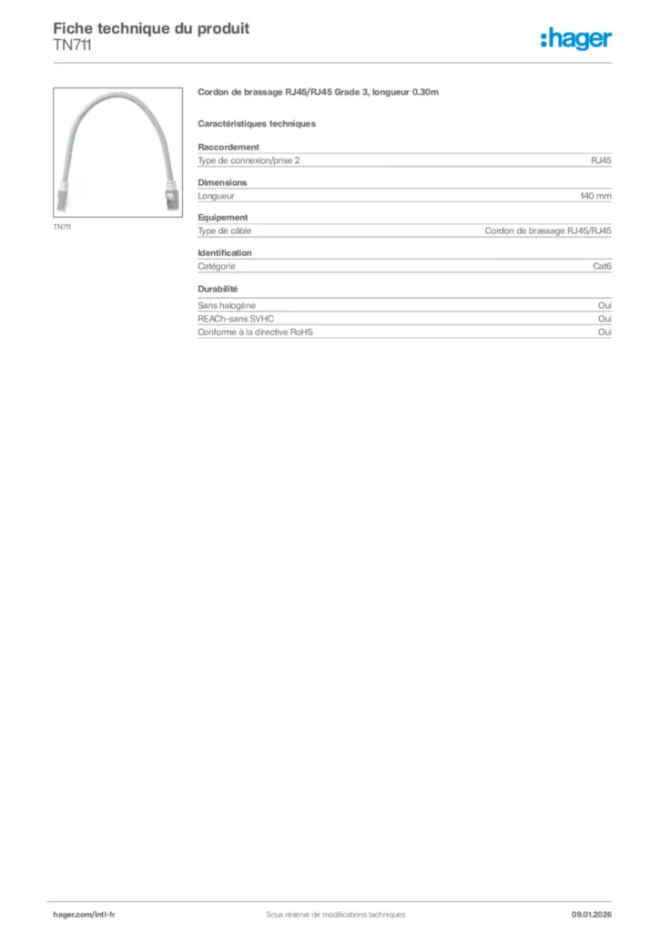 Image Hager Fiche technique du produit TN711 | Hager Afrique