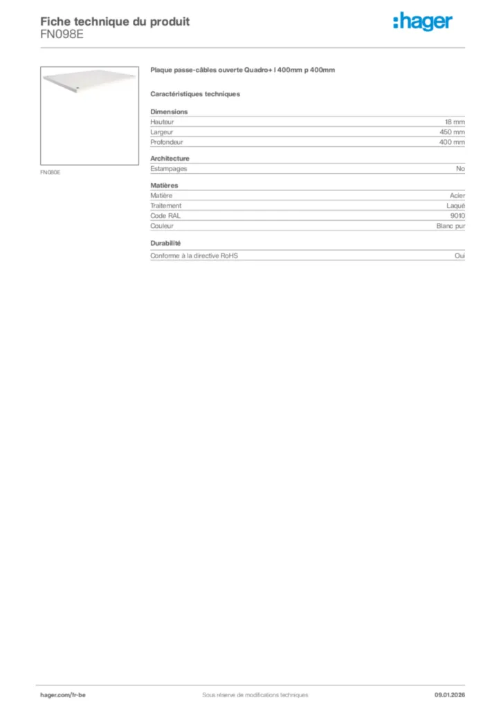 Image Hager Fiche technique du produit FN098E | Hager Belgique