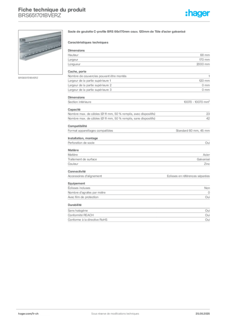 Image Hager Fiche technique du produit BRS651701BVERZ | Hager Suisse