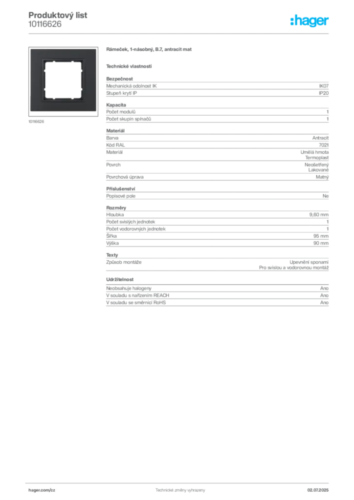 Obrázek Hager Produktový list 10116626 | Hager