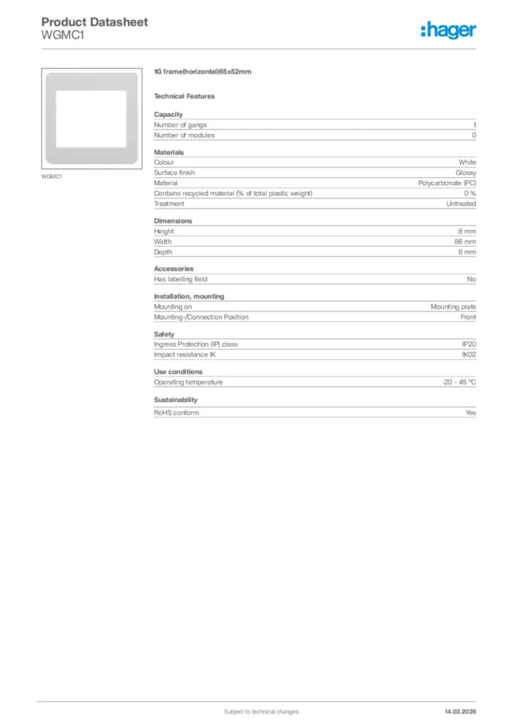 Image Hager Product data sheet WGMC1  | Hager