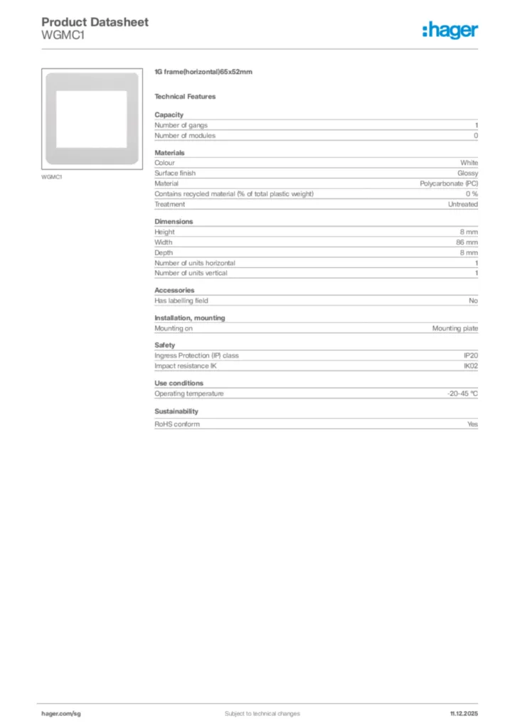 Image Hager Product data sheet WGMC1  | Hager