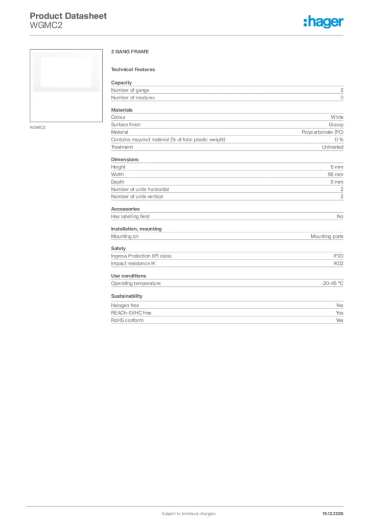 Image Hager Product data sheet WGMC2  | Hager Africa