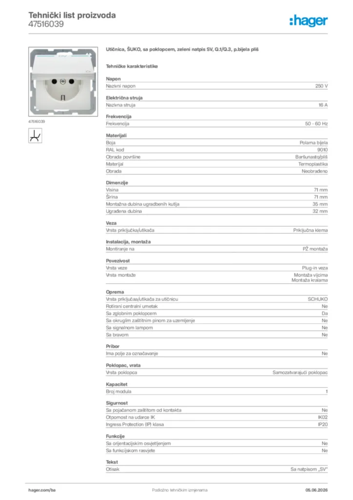 Slika Hager Tehnički list proizvoda 47516039  | Hager
