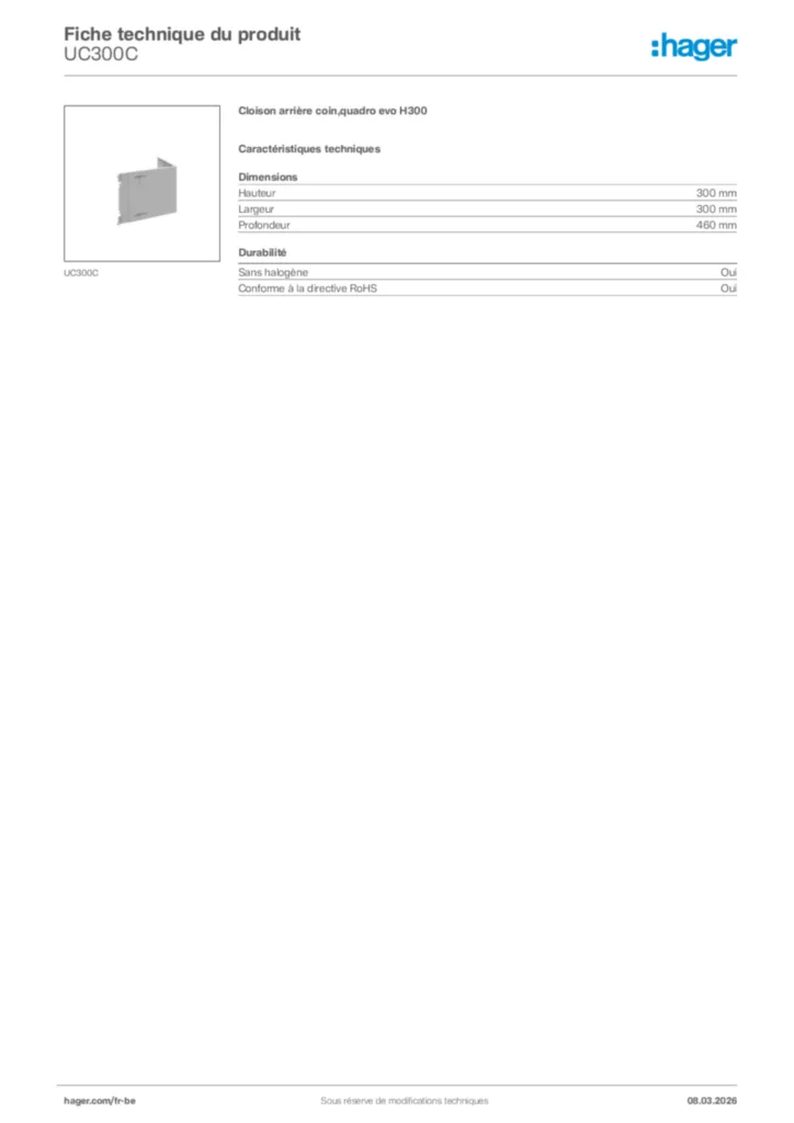 Image Hager Fiche technique du produit UC300C | Hager Belgique