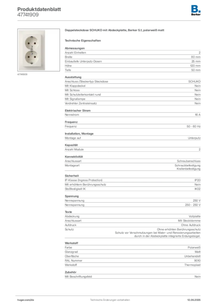 Berker Produktdatenblatt 47741909