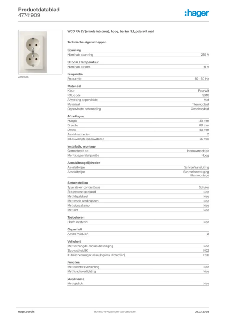 Afbeelding Hager Productdatablad 47741909 | Hager Nederland