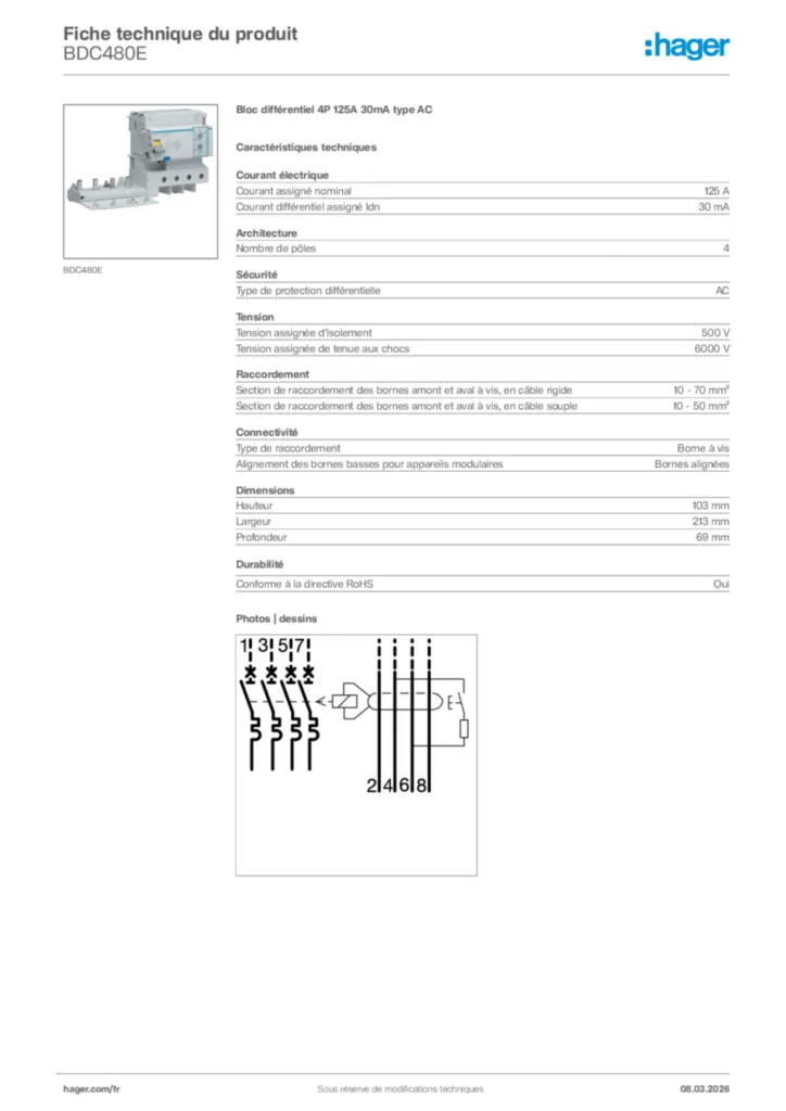 Image Hager Fiche technique du produit BDC480E | Hager France