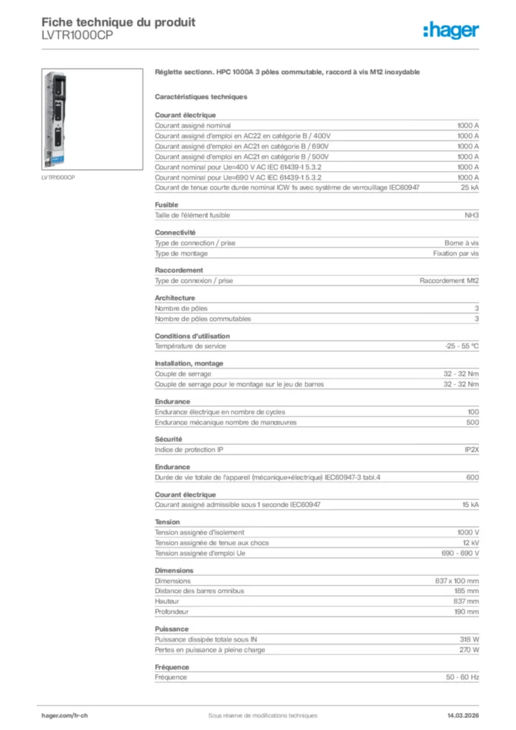 Image Hager Fiche technique du produit LVTR1000CP | Hager Suisse
