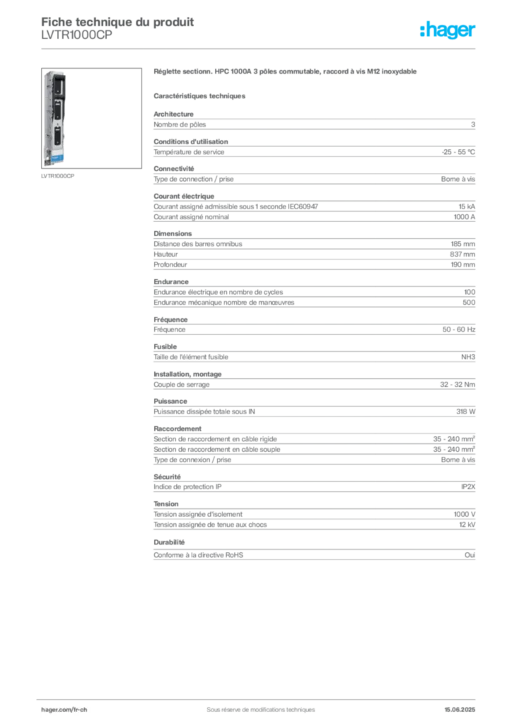 Image Hager Fiche technique du produit LVTR1000CP | Hager Suisse