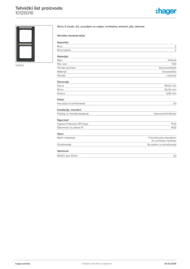 Slika Hager Tehnički list proizvoda 10126016  | Hager