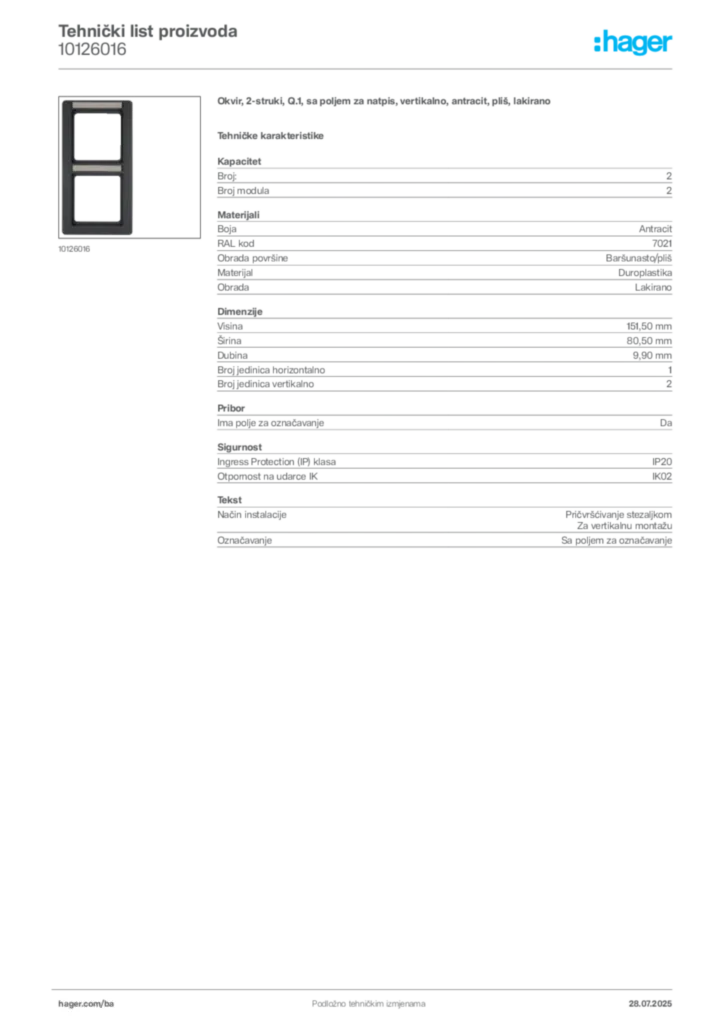 Slika Hager Product data sheet 10126016  | Hager