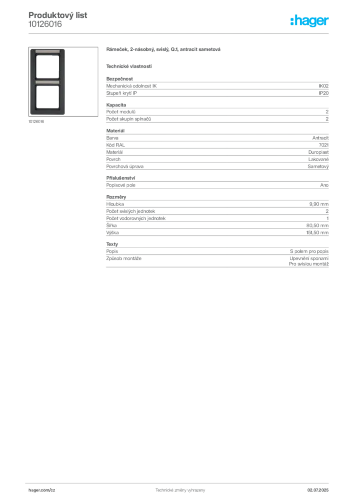 Obrázek Hager Produktový list 10126016 | Hager