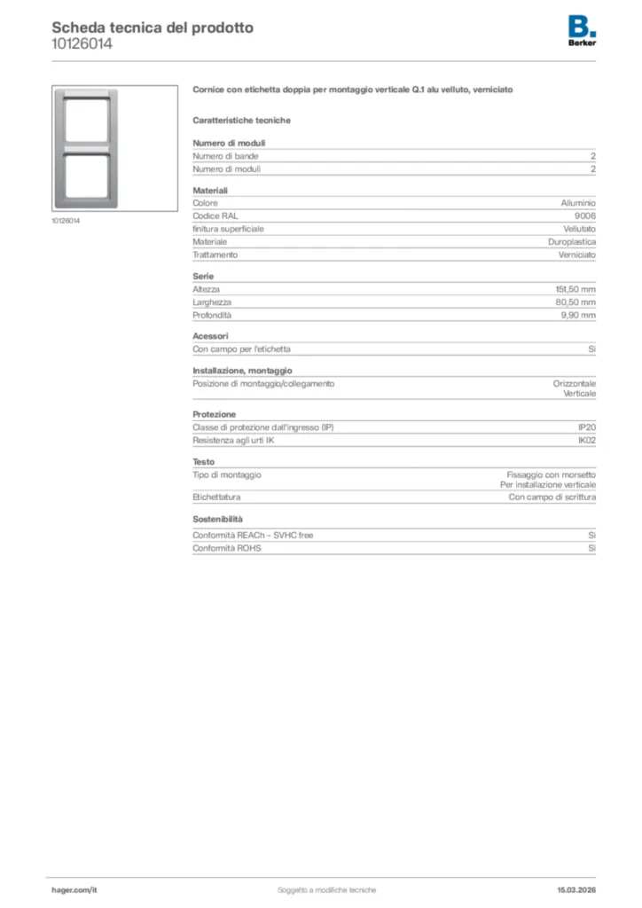 Immagine Berker Scheda tecnica del prodotto 10126014 | Hager Italia